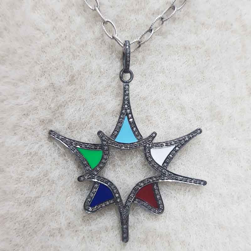 Multi Color Enamel Fancy designer pave Diamond Sterling Silver pendent