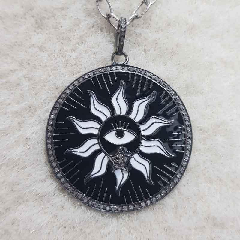 Round Designer Black Enamel Evil Eye With Sunburst Pendent