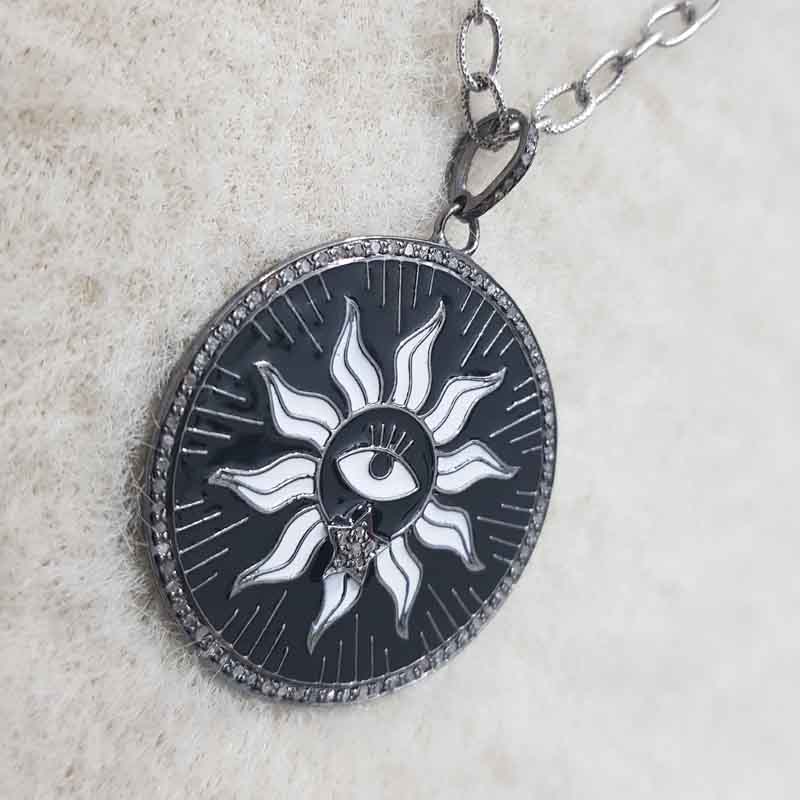 Round Designer Black Enamel Evil Eye With Sunburst Pendent