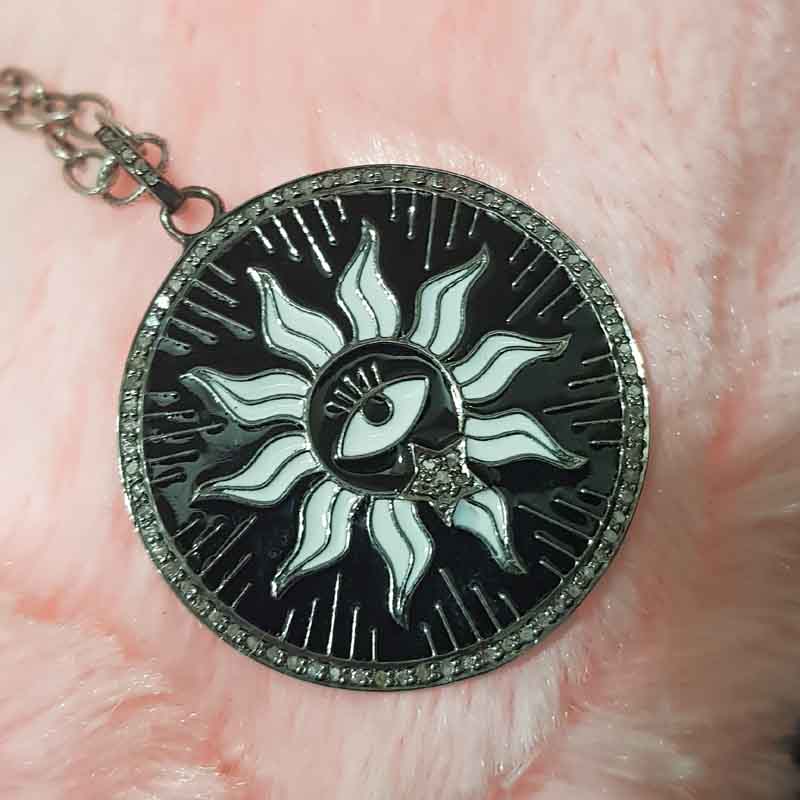 Round Designer Black Enamel Evil Eye With Sunburst Pendent