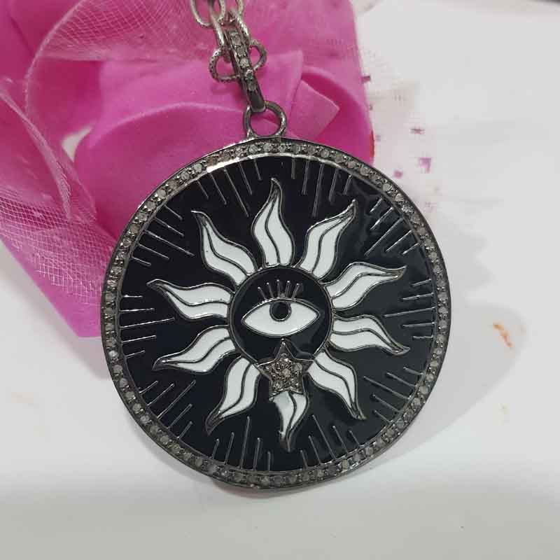 Round Designer Black Enamel Evil Eye With Sunburst Pendent