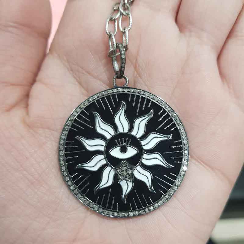 Round Designer Black Enamel Evil Eye With Sunburst Pendent