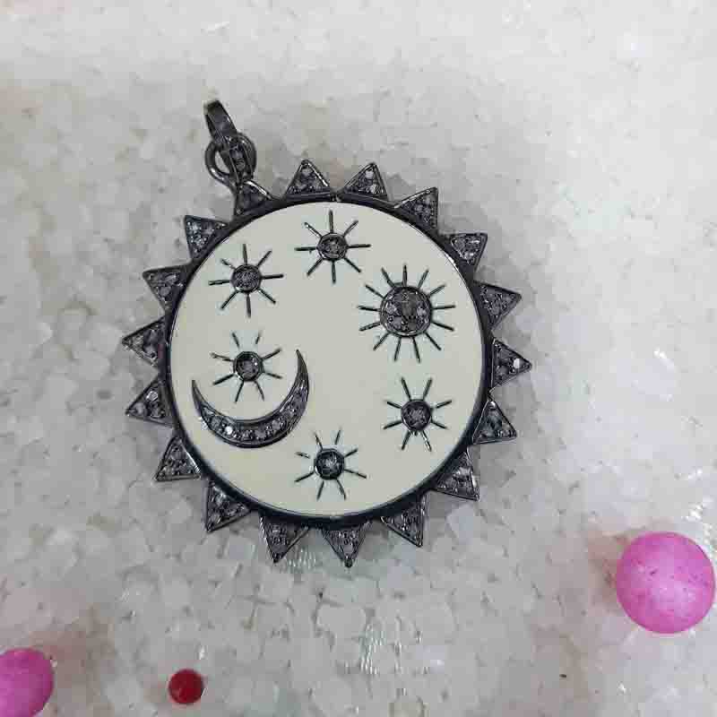 Fancy Designer Round Sunburst Pave Diamond 925 Sterling Silver Enamel Pendent