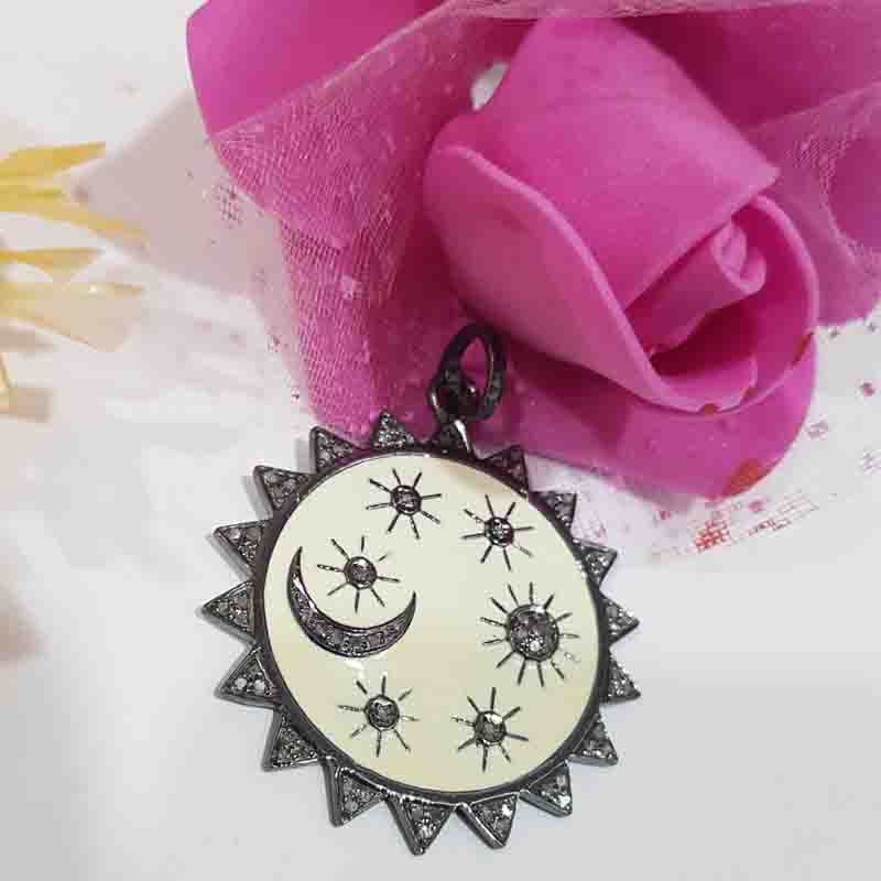 Fancy Designer Round Sunburst Pave Diamond 925 Sterling Silver Enamel Pendent