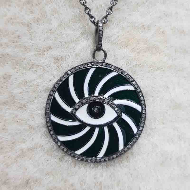 Beautiful Enamel Round Disk And Evil Eye Pendent With pave Diamond Layers