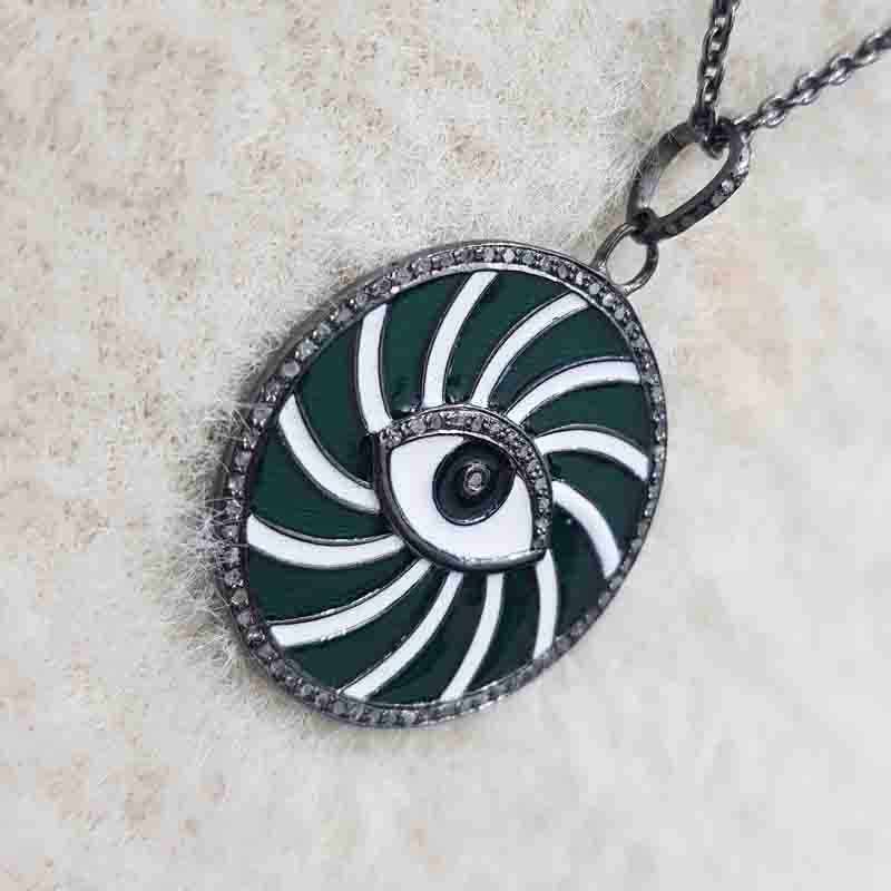 Beautiful Enamel Round Disk And Evil Eye Pendent With pave Diamond Layers