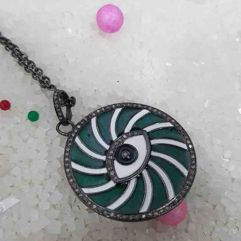 Beautiful Enamel Round Disk And Evil Eye Pendent With pave Diamond Layers