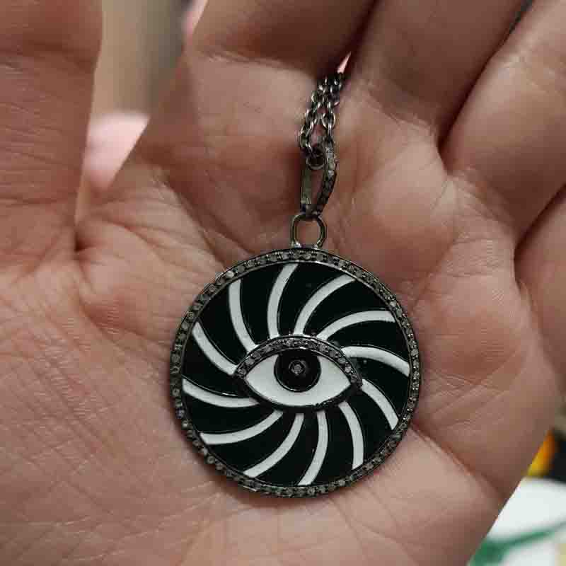 Beautiful Enamel Round Disk And Evil Eye Pendent With pave Diamond Layers