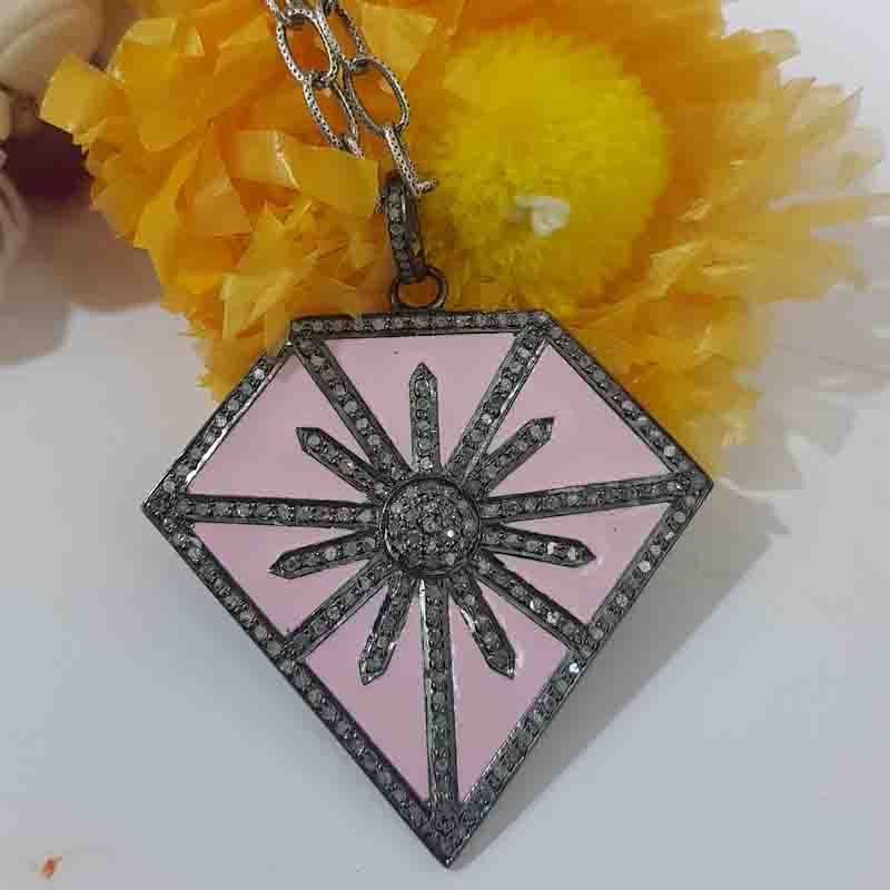 Fancy Designer Pave Diamond 925 Sterling Silver Enamel Pendent