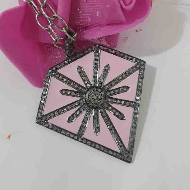 Fancy Designer Pave Diamond 925 Sterling Silver Enamel Pendent