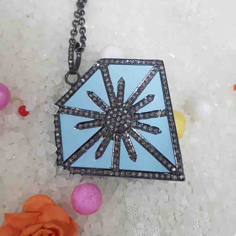 Fancy Designer Pave Diamond 925 Sterling Silver Enamel Pendent