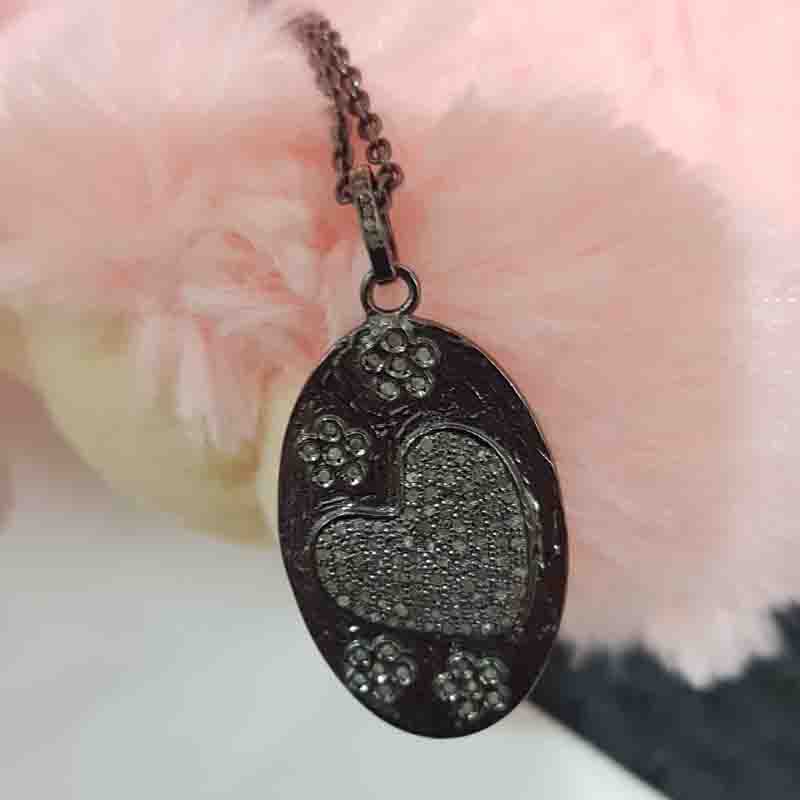 Beautiful Oval Shaped With Pave Heart And Flower Pendent