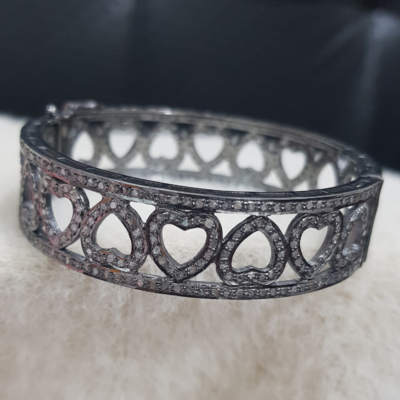 Heart Designer Pave Diamond 925 Sterling Silver Bangle