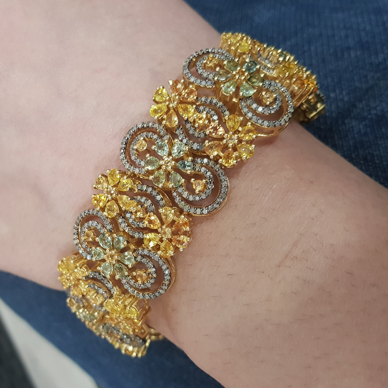 Stunning Handmade Designer Pave Diamond With Yellow And Green Sapphire Bracelet