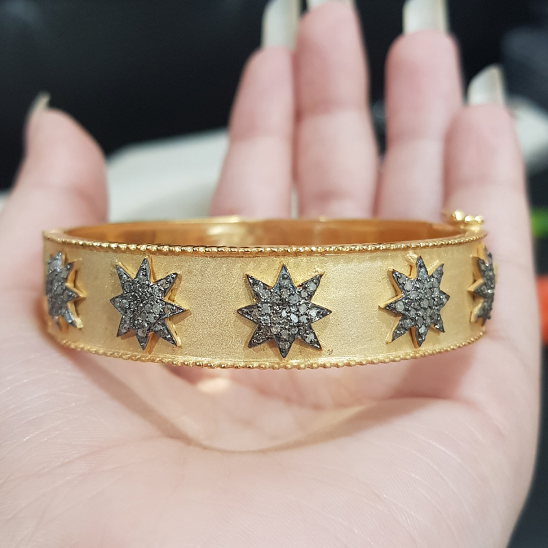 Yellow And Black Mattie Finish Designer Pave Diamond Stars Bangle