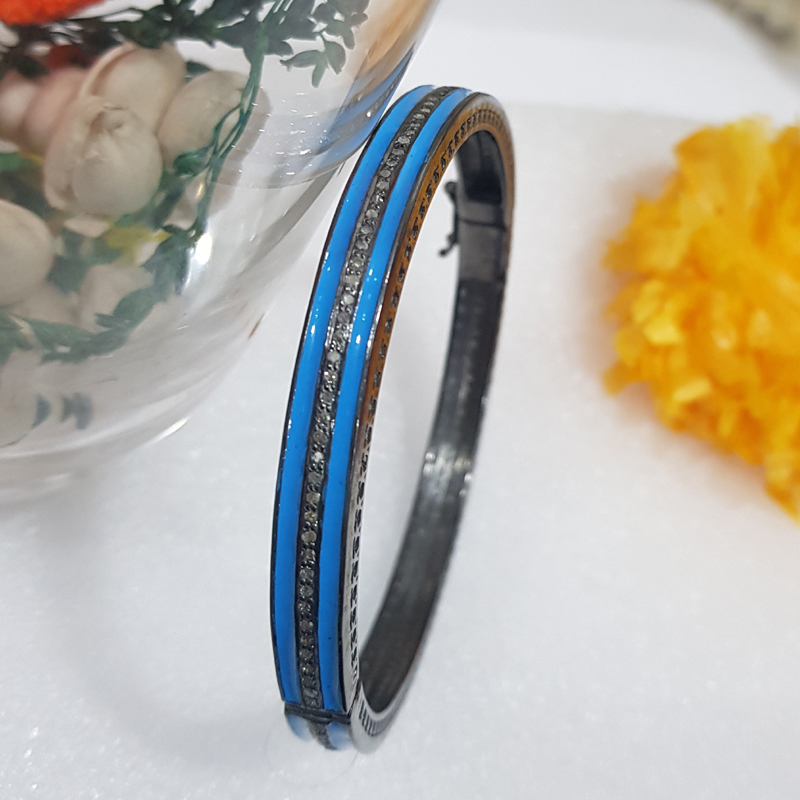 Turquoise Enamel Gorgeous One Line Natural Pave Diamond Bangle