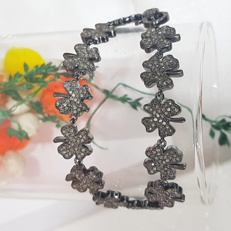 Precious Clover Designed Pave Diamond Sterling Silver Bracelet