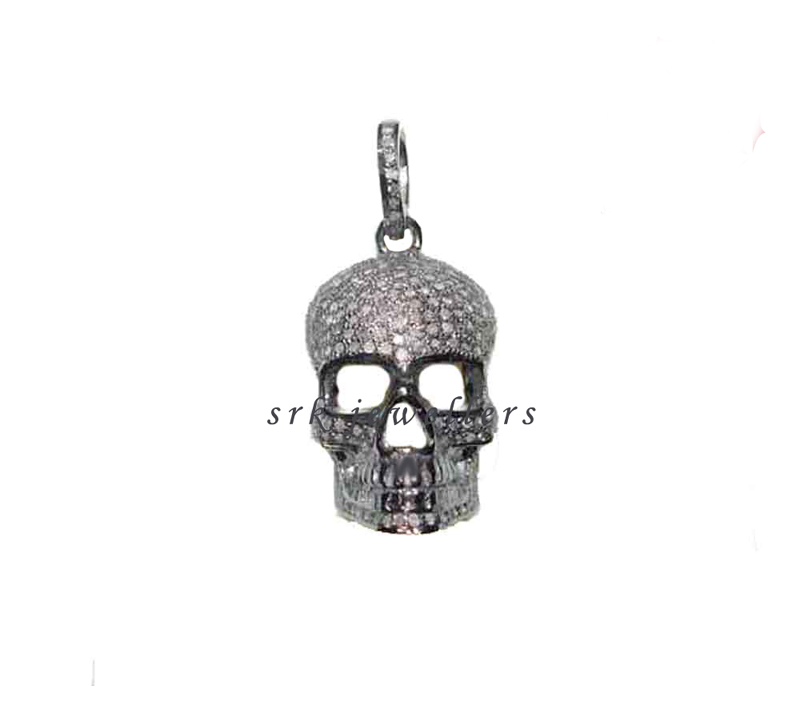 925 Sterling Silver Pave Diamond Skull  Pendent