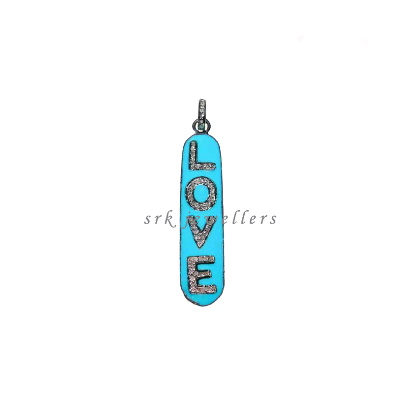 Love Word Pave Diamond Turquoise Enamel Pendent