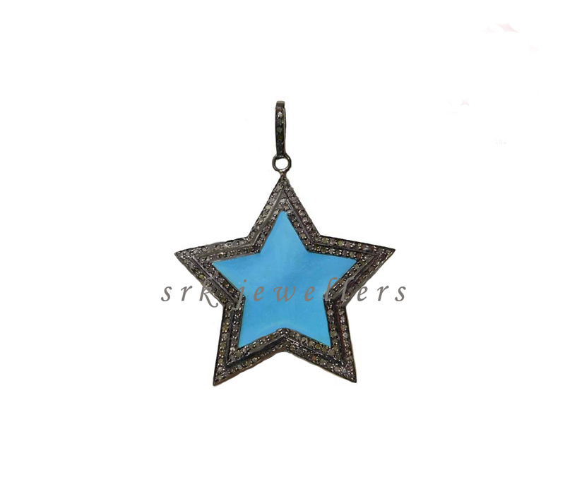 Cream & Turquoise Enamel Star Pendent