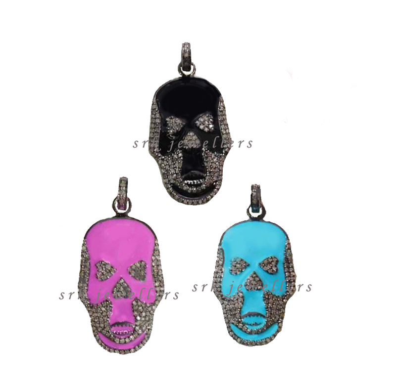 Pave Diamond Black, Pink & Turquoise Enamel Skull Pendent