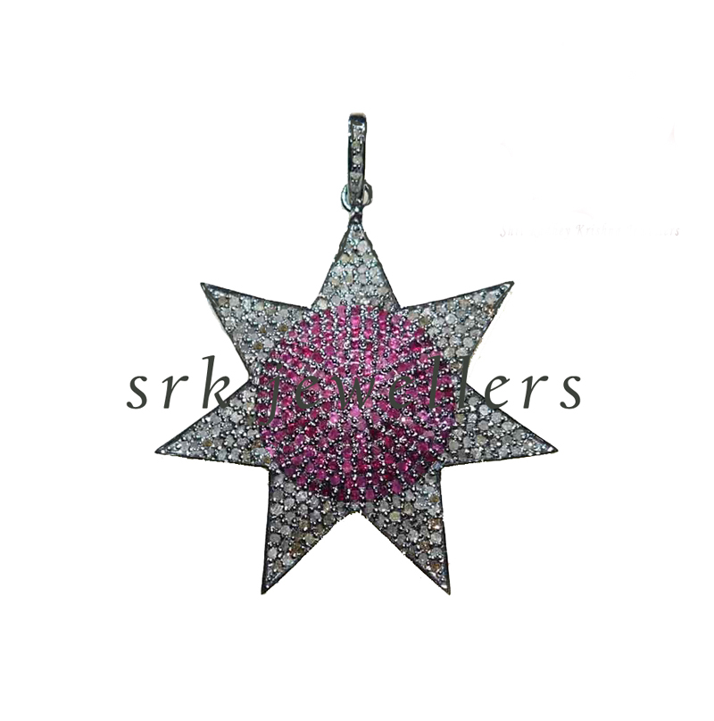 Handmade Pave Diamond & Ruby Stone Starburst Pendent