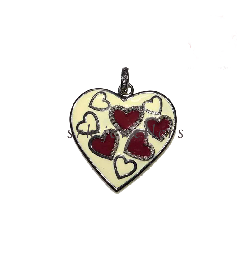 Cream & Red Enamel Heart Pendent