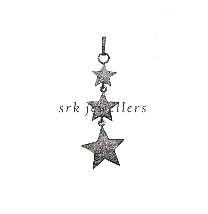 3 Line Small To Large Pave Diamond Star Pendent