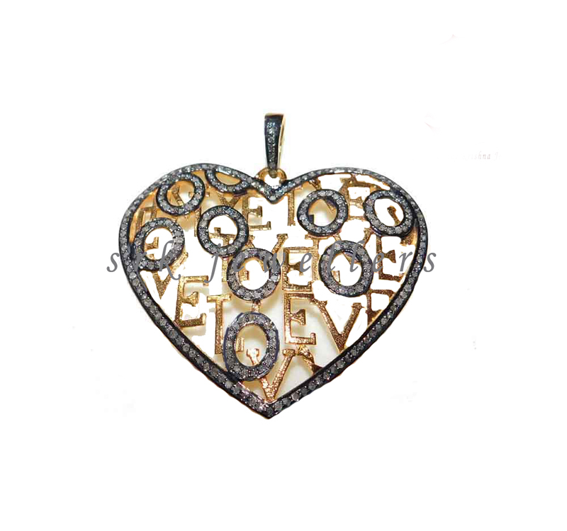 Yellow 925 Sterling Silver Designer Pave Diamond Handmade Love Heart Pendent