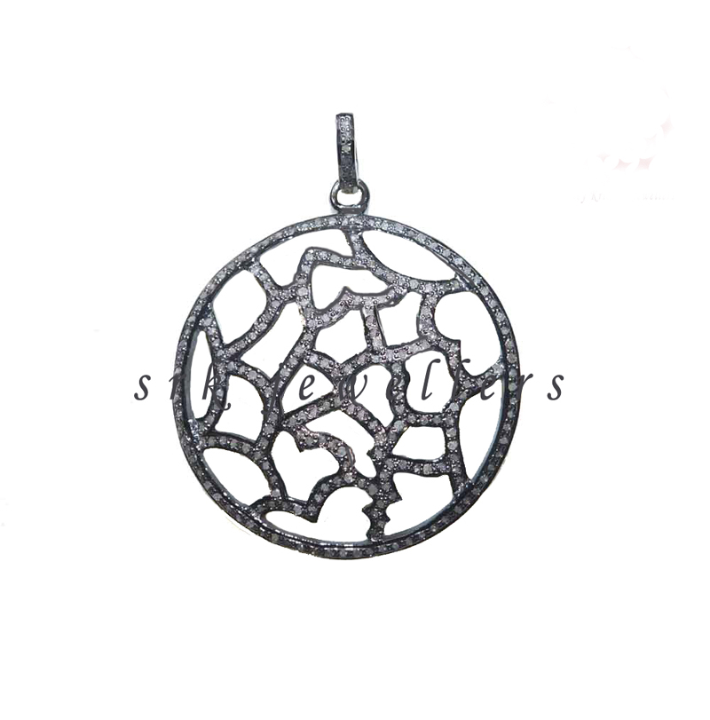 Round 925 Sterling Silver Handmade Pave Diamond Designer Fancy Pendent