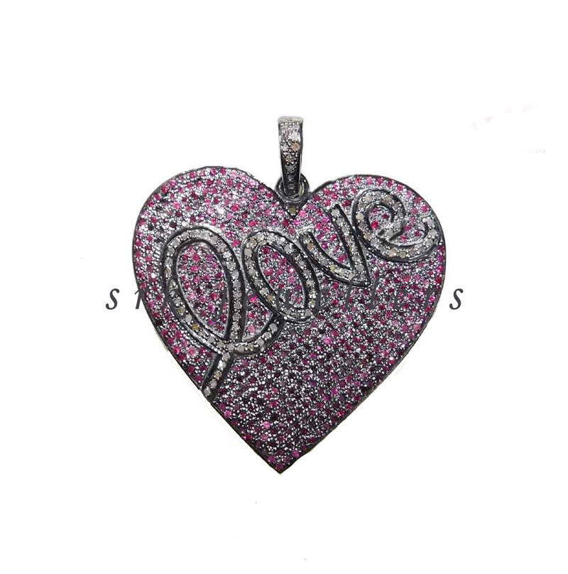 Handmade Designer Pave Diamond & Ruby Stone Love Heart Pendent