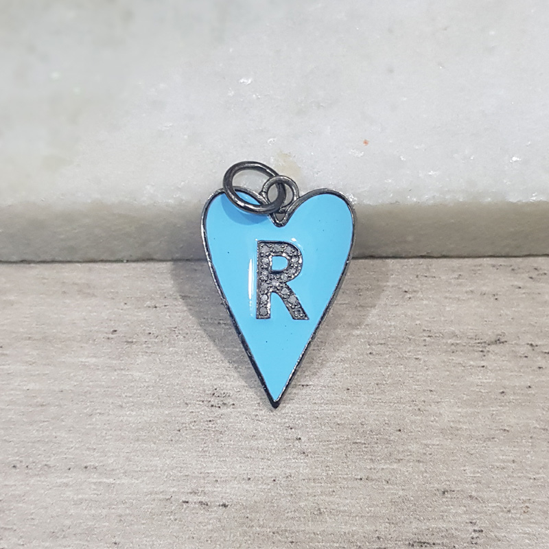 Turquoise Enamel R Latter Heart Pendant With Pave Diamond Layers