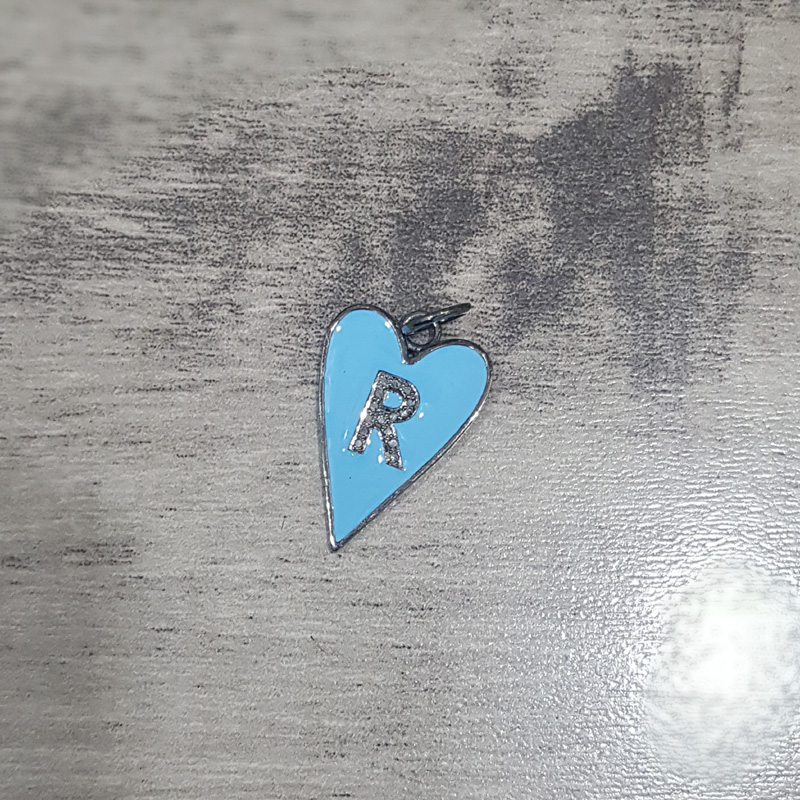 Turquoise Enamel R Latter Heart Pendant With Pave Diamond Layers