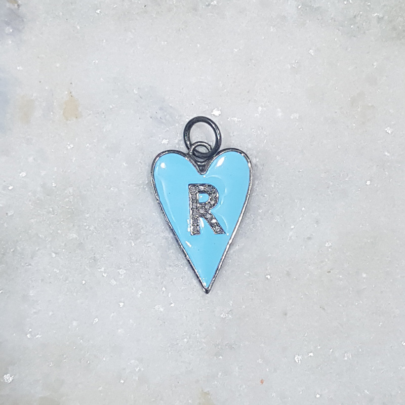 Turquoise Enamel R Latter Heart Pendant With Pave Diamond Layers