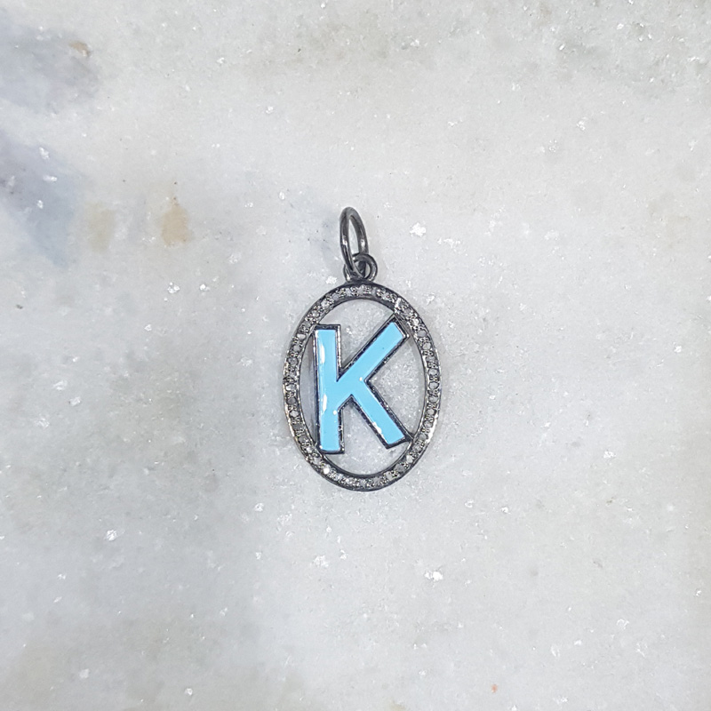 Turquoise Enamel K Latter Oval Shape Pendant With Pave Diamond Layers