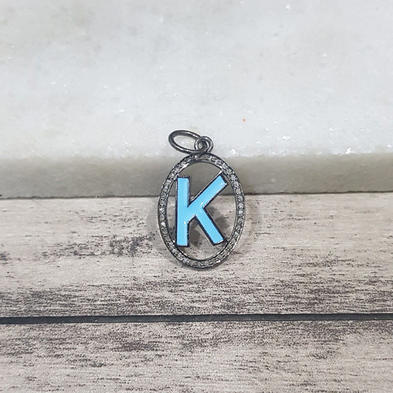 Turquoise Enamel K Latter Oval Shape Pendant With Pave Diamond Layers