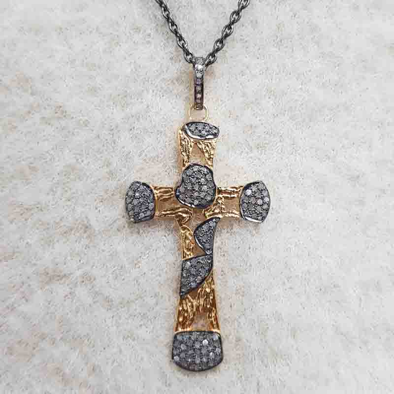 Elegant Yellow And Black Cross Pendant Pave Diamond Sterling Silver