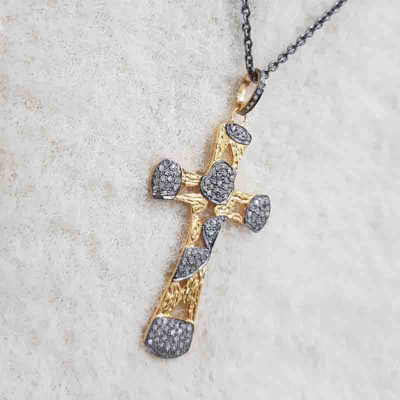 Elegant Yellow And Black Cross Pendant Pave Diamond Sterling Silver