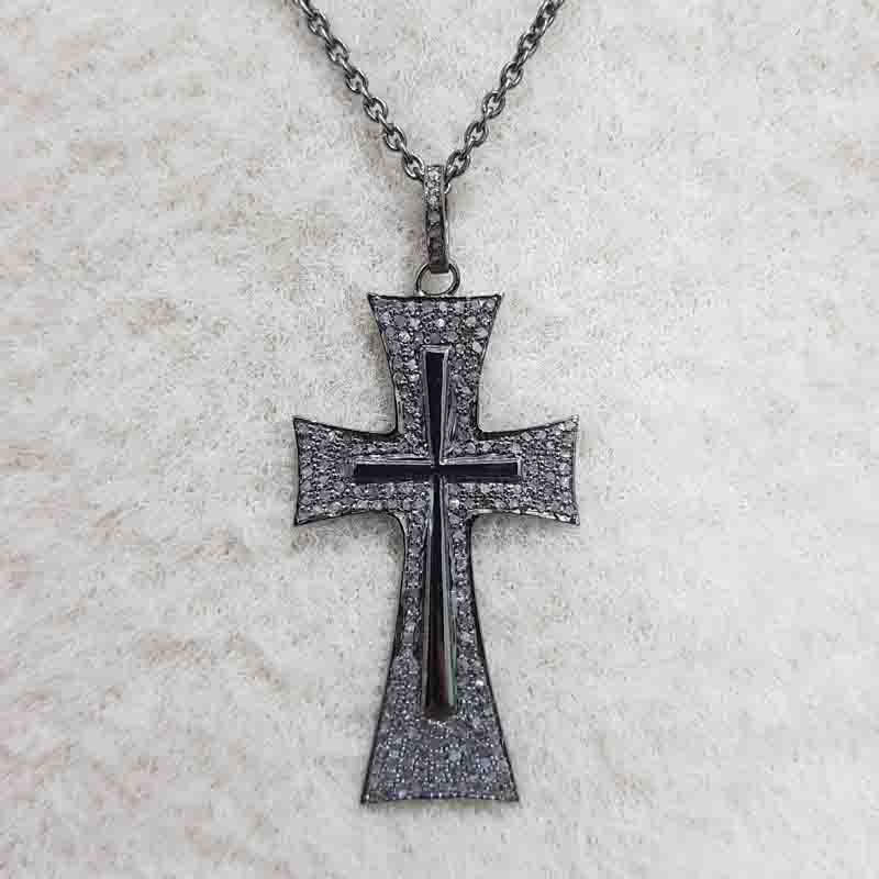 Natural Pave Diamond 925 Sterling Silver Cross Pendent