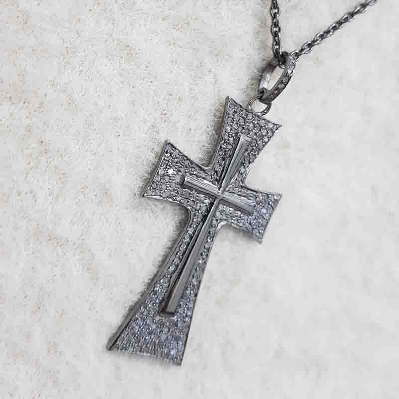 Natural Pave Diamond 925 Sterling Silver Cross Pendent