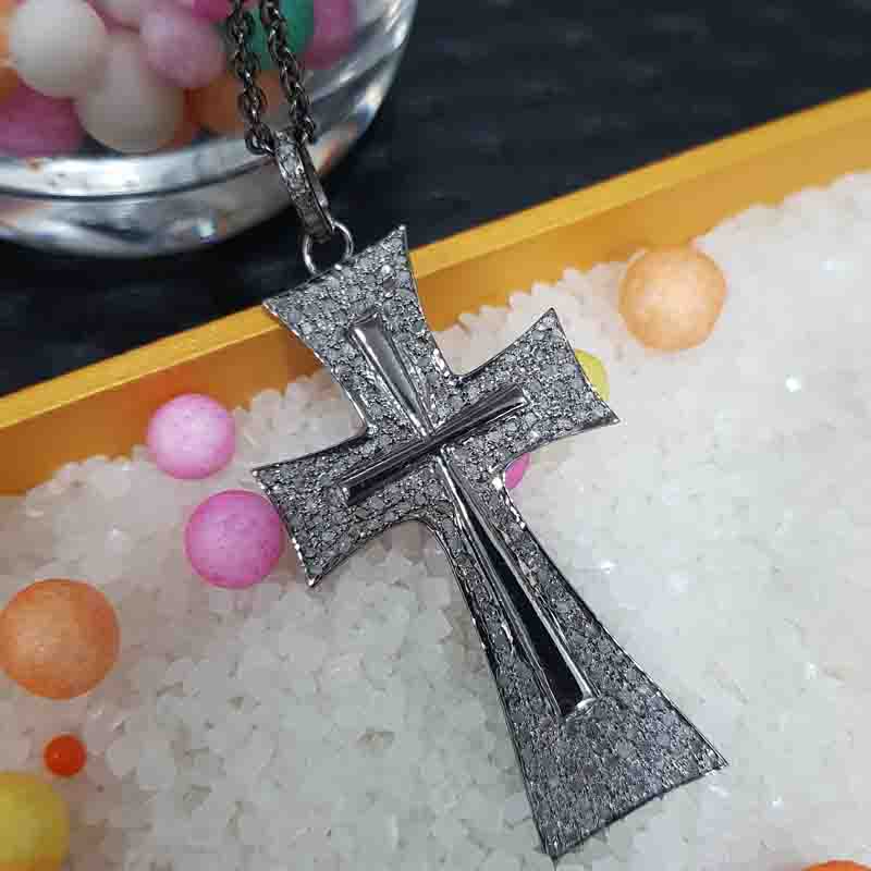 Natural Pave Diamond 925 Sterling Silver Cross Pendent