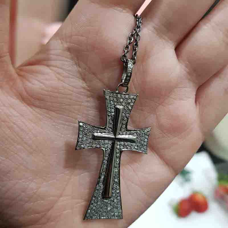 Natural Pave Diamond 925 Sterling Silver Cross Pendent