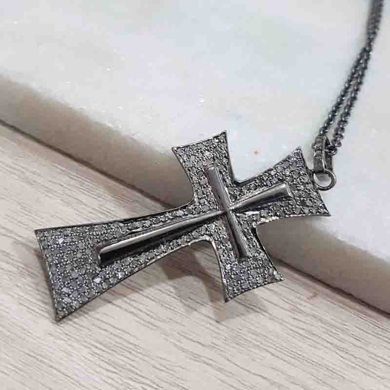 Natural Pave Diamond 925 Sterling Silver Cross Pendent