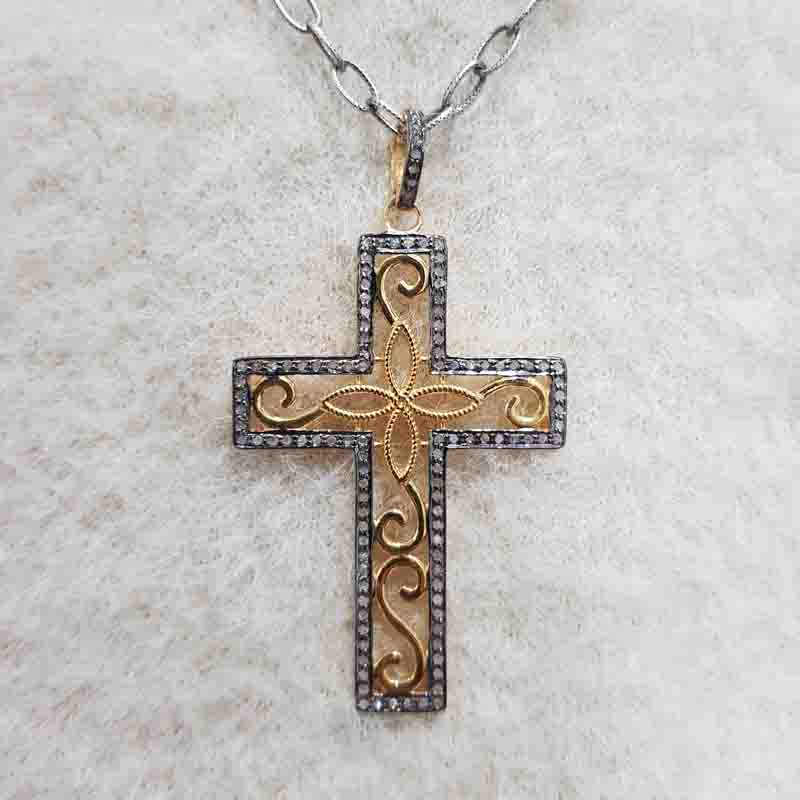 925 Solid Sterling Silver Natural Pave Diamond Cross Style Pendent