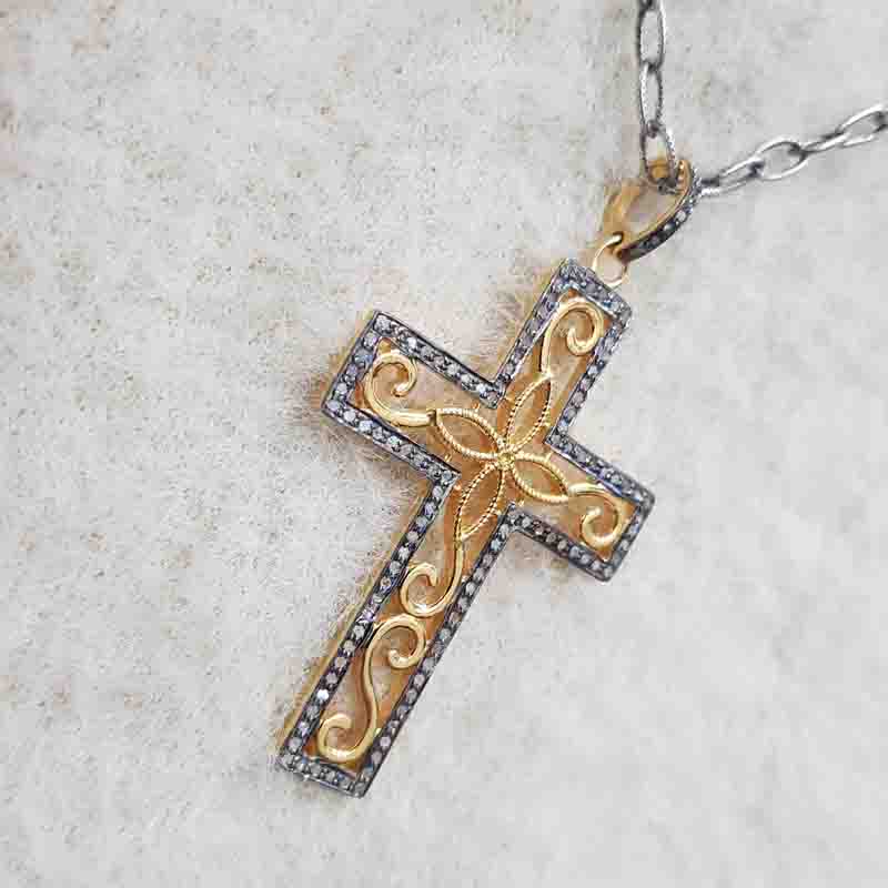 925 Solid Sterling Silver Natural Pave Diamond Cross Style Pendent