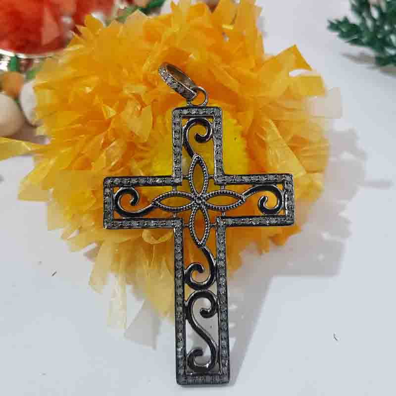 925 Solid Sterling Silver Natural Pave Diamond Cross Style Pendent