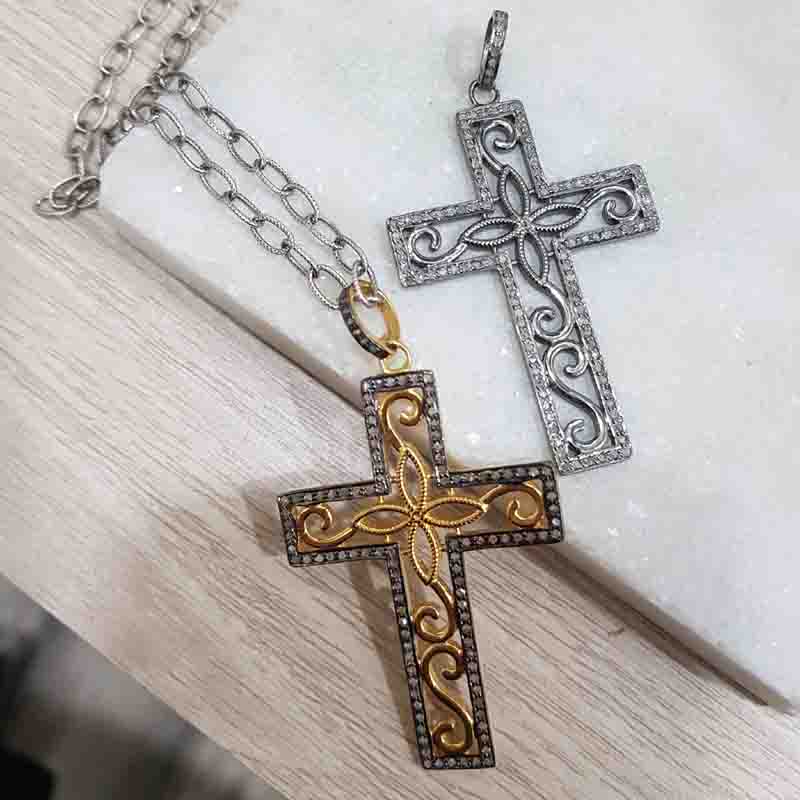 925 Solid Sterling Silver Natural Pave Diamond Cross Style Pendent