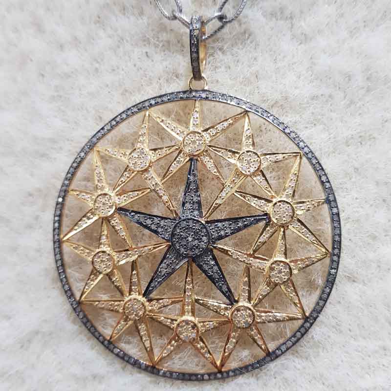 Yellow And Black Stunning Round Starburst Pave Diamond Pendent