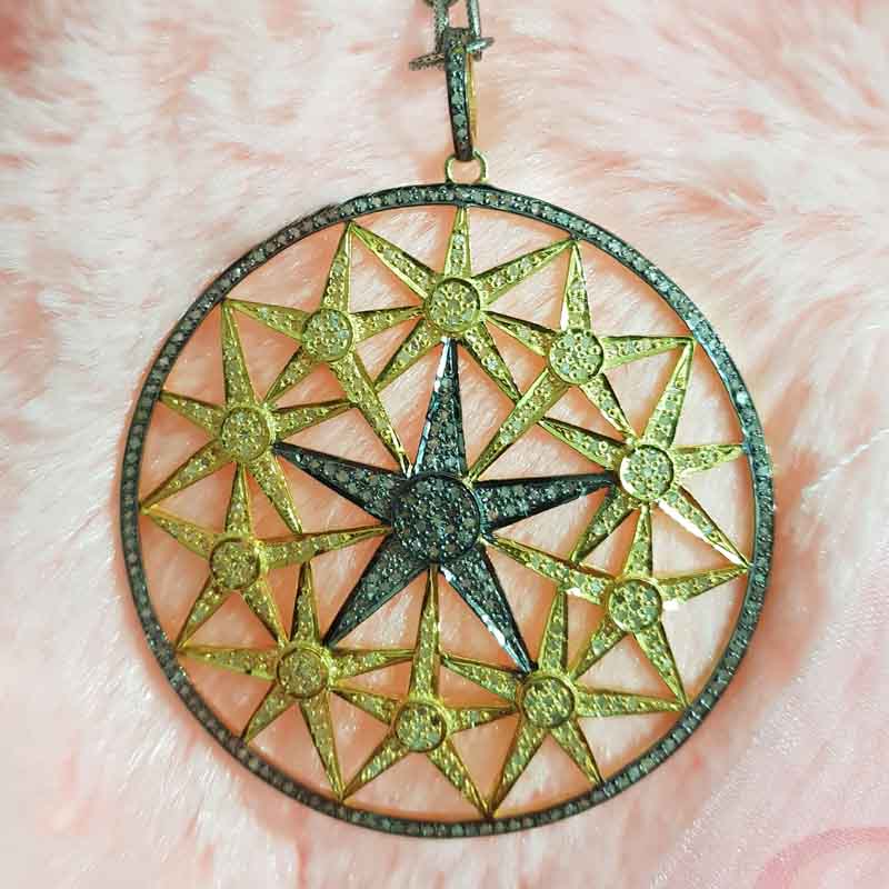 Yellow And Black Stunning Round Starburst Pave Diamond Pendent