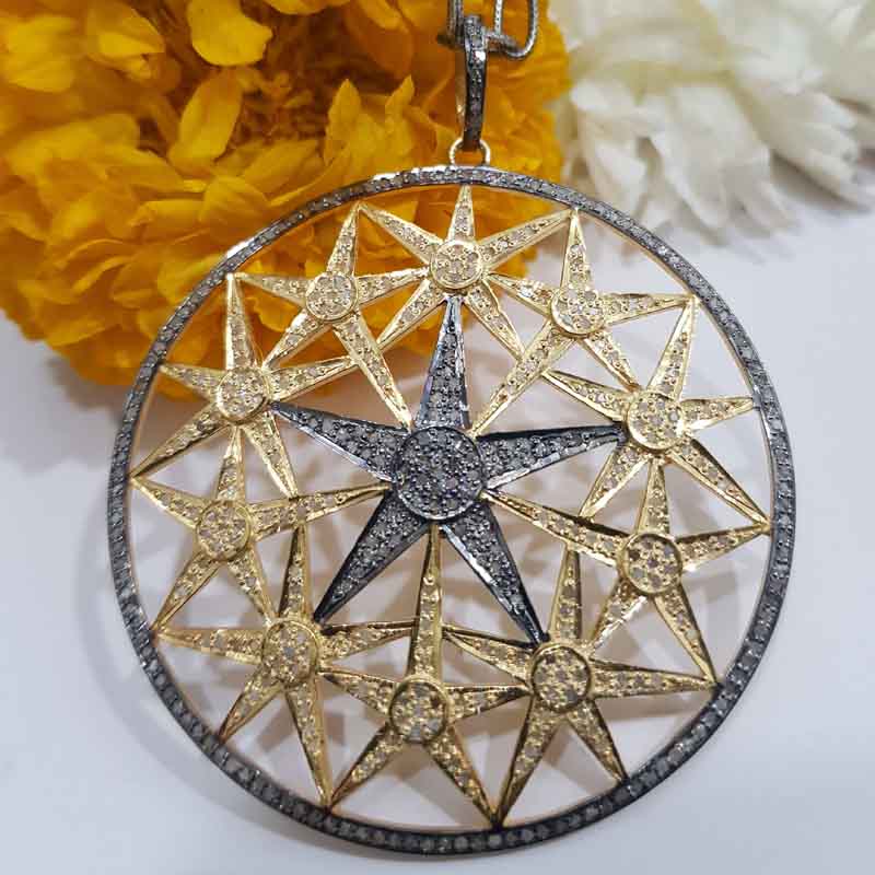 Yellow And Black Stunning Round Starburst Pave Diamond Pendent